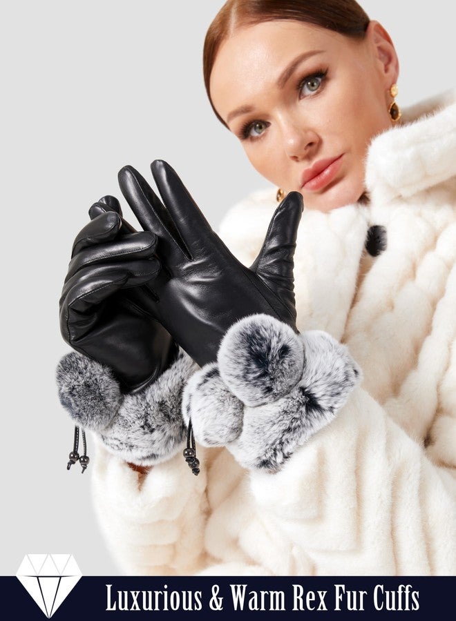 VIKIDEER Super Warm Fur Lined Leather Gloves Women Rex Rabbit Fur Cuffs Touchscreen Texting Black Medium - Image 2